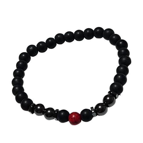 Boho Black Beaded Stretch Bracelet Red Accent Stone Natural Classic Jewelry - Picture 1 of 4